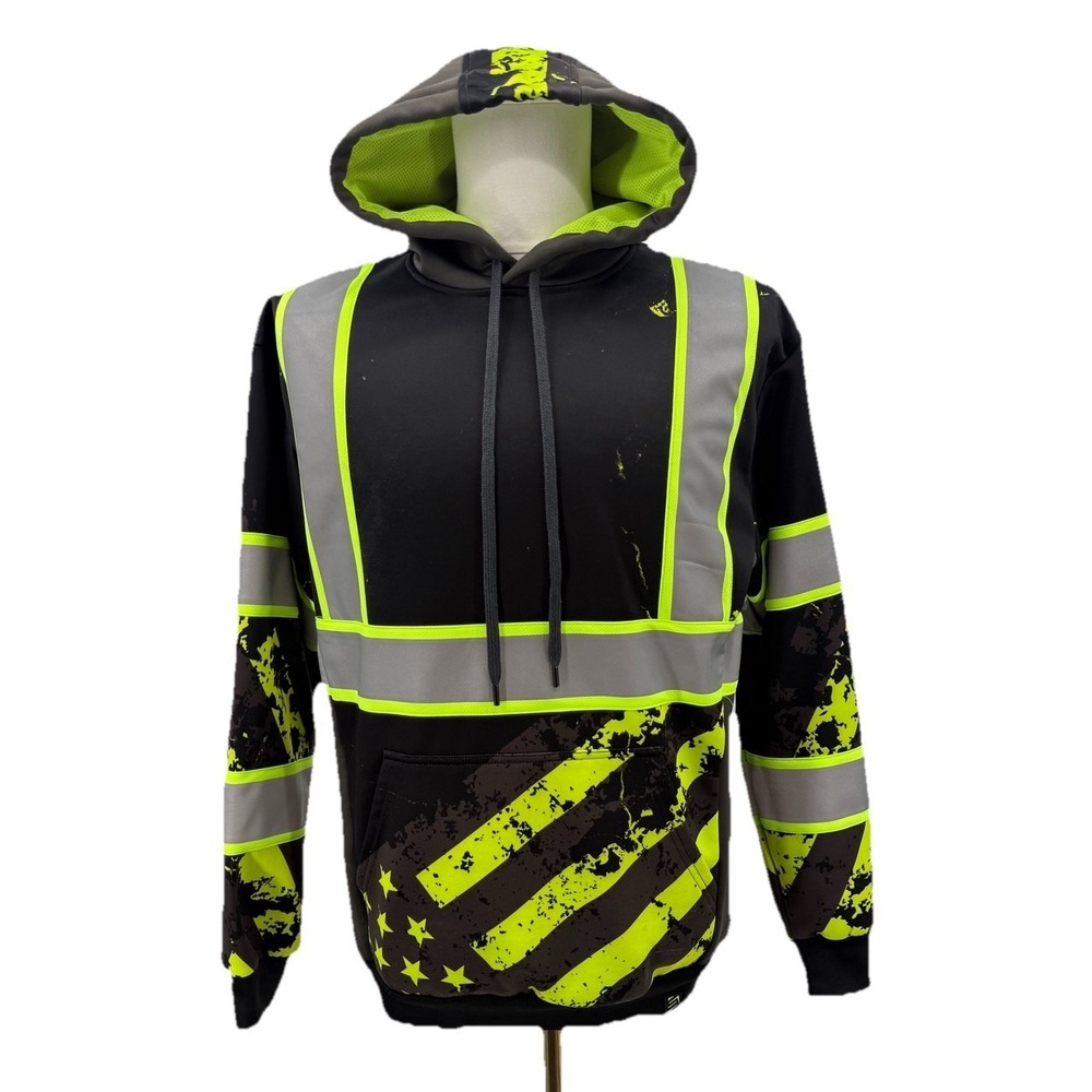 SS360 Safety Shirtz Hoodie Mens L Black Neon Yellow Reflective American Flag